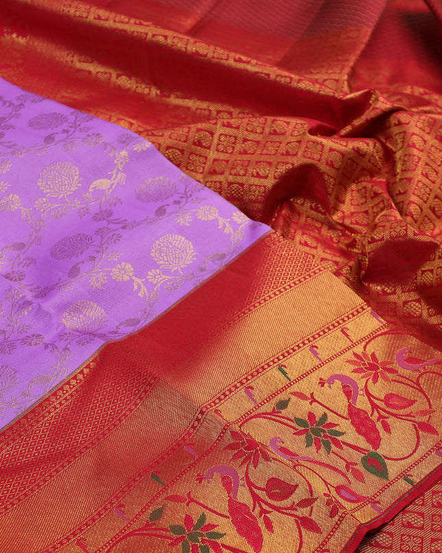 Pure kanchipuram silk saree lavender and red with allover zari woven brocade weaves and long zari woven paithani style border