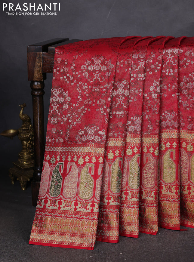 Pure kanchipuram silk saree red with allover zari woven brocade weaves and long paisley zari woven border