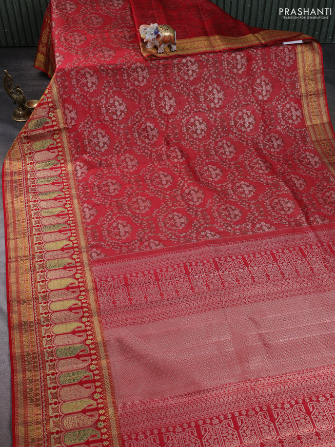 Pure kanchipuram silk saree red with allover zari woven brocade weaves and long paisley zari woven border