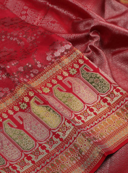 Pure kanchipuram silk saree red with allover zari woven brocade weaves and long paisley zari woven border