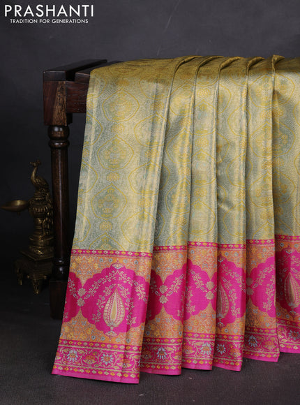 Pure kanchipuram tissue silk saree pastel green and pink with allover zari woven brocade weaves and long zari woven meenakari border