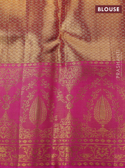 Pure kanchipuram tissue silk saree pastel green and pink with allover zari woven brocade weaves and long zari woven meenakari border