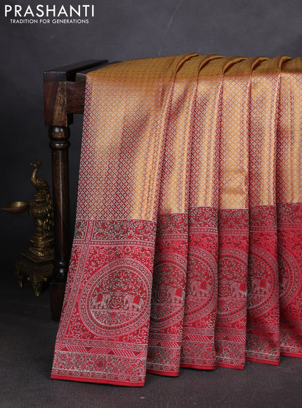 Pure kanchipuram tissue silk saree gold and red with allover zari woven brocade weaves and long zari woven meenakari border