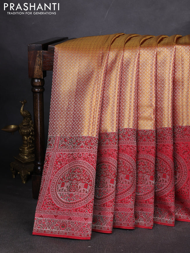 Pure kanchipuram tissue silk saree gold and red with allover zari woven brocade weaves and long zari woven meenakari border