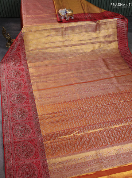 Pure kanchipuram tissue silk saree gold and red with allover zari woven brocade weaves and long zari woven meenakari border