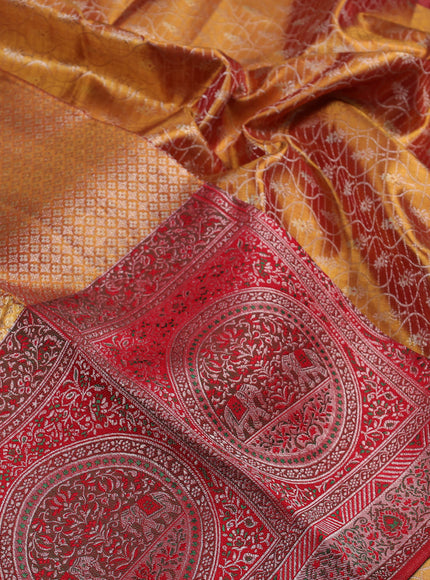 Pure kanchipuram tissue silk saree gold and red with allover zari woven brocade weaves and long zari woven meenakari border