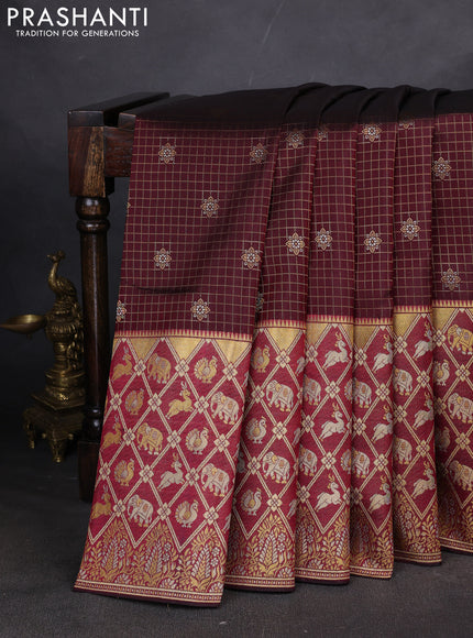 Pure kanchipuram silk saree maroon with allover zari checks & buttas and long rich zari woven border