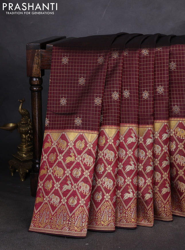 Pure kanchipuram silk saree maroon with allover zari checks & buttas and long rich zari woven border