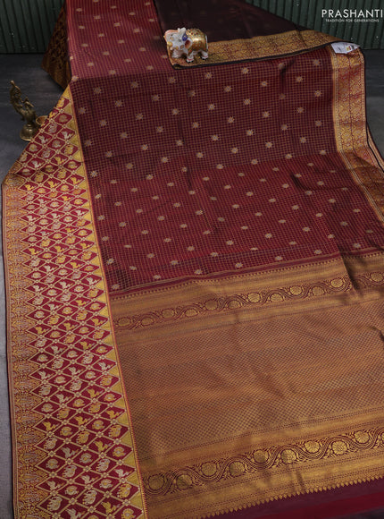 Pure kanchipuram silk saree maroon with allover zari checks & buttas and long rich zari woven border