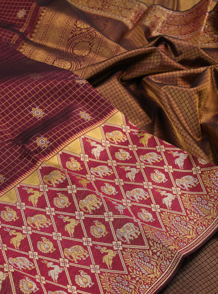 Pure kanchipuram silk saree maroon with allover zari checks & buttas and long rich zari woven border