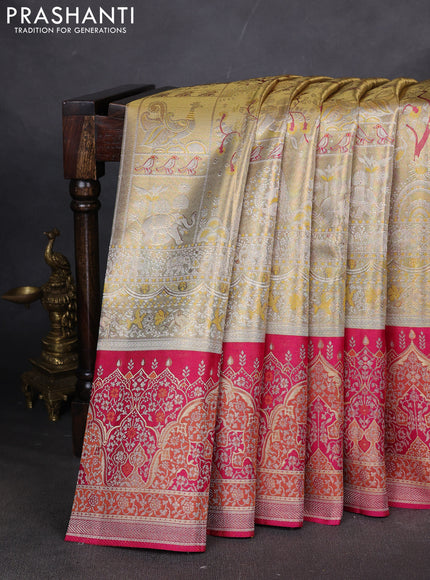 Pure kanchipuram tissue silk saree gold and pink with allover zari woven brocade weaves and long zari woven border