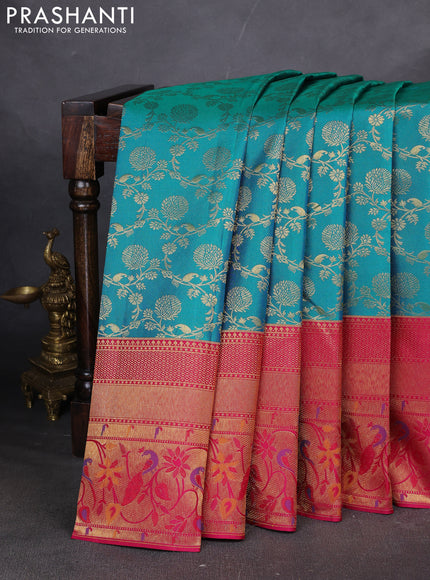 Pure kanchipuram silk saree teal green and pink with allover zari woven brocade weaves and long zari woven paithani style border