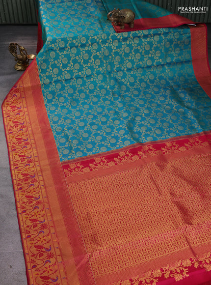 Pure kanchipuram silk saree teal green and pink with allover zari woven brocade weaves and long zari woven paithani style border