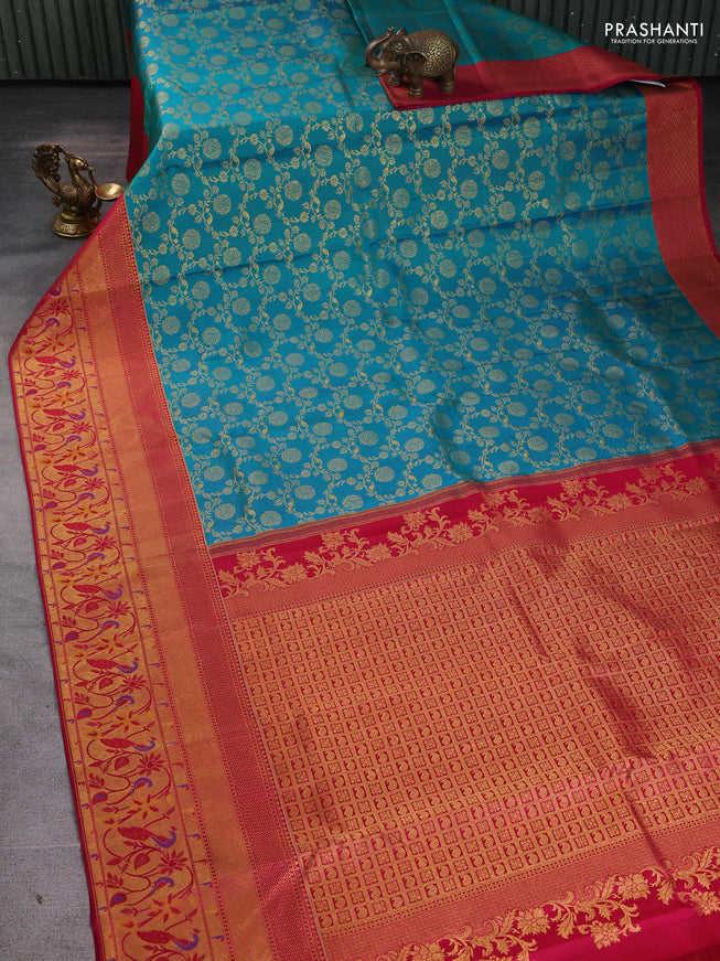 Pure kanchipuram silk saree teal green and pink with allover zari woven brocade weaves and long zari woven paithani style border