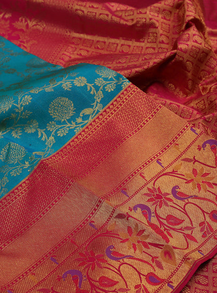 Pure kanchipuram silk saree teal green and pink with allover zari woven brocade weaves and long zari woven paithani style border