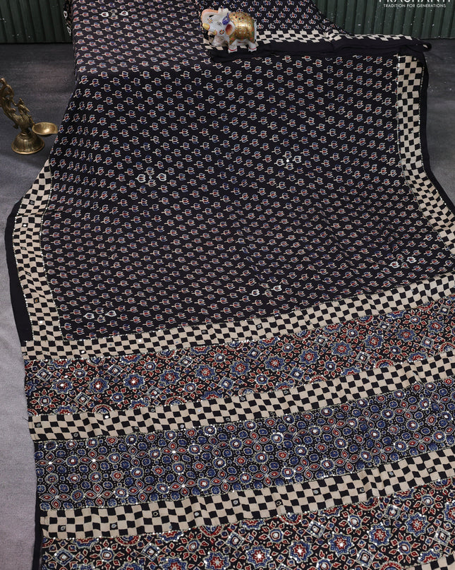 Modal silk saree black and beige with allover ajrakh prints & sequin work and mirror sequin work pallu