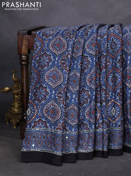 Modal silk saree indigo blue and black with allover ajrakh prints & sequin work and mirror sequin work pallu