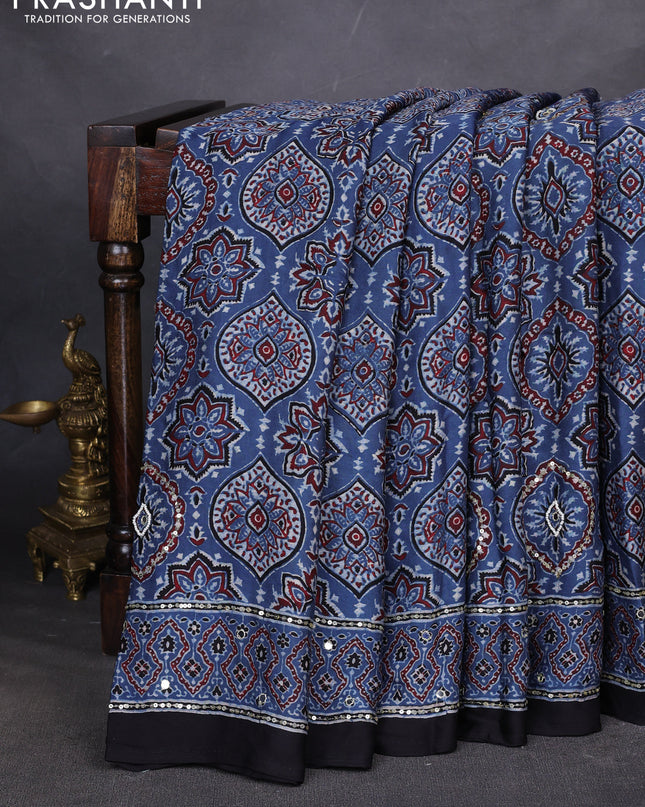 Modal silk saree indigo blue and black with allover ajrakh prints & sequin work and mirror sequin work pallu