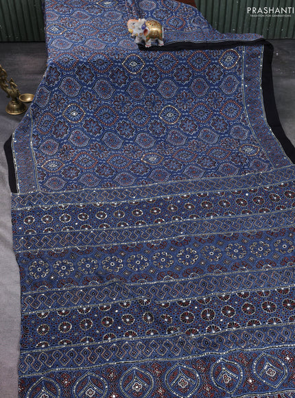 Modal silk saree indigo blue and black with allover ajrakh prints & sequin work and mirror sequin work pallu