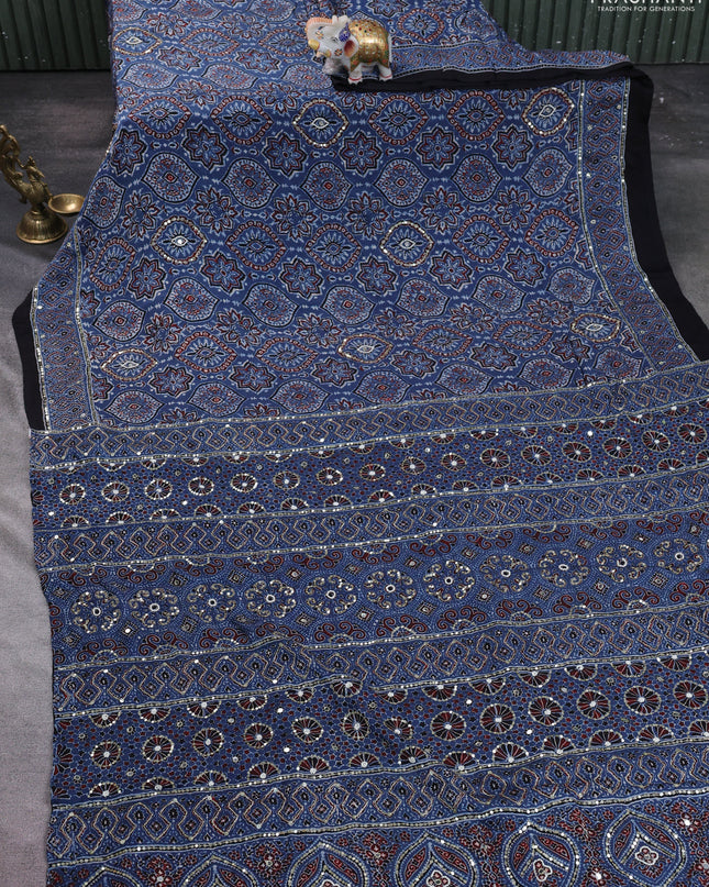 Modal silk saree indigo blue and black with allover ajrakh prints & sequin work and mirror sequin work pallu
