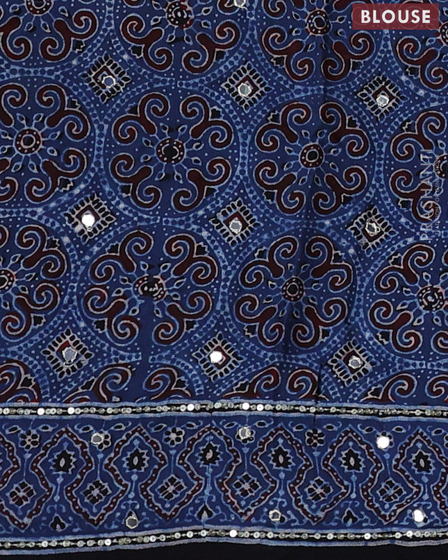 Modal silk saree indigo blue and black with allover ajrakh prints & sequin work and mirror sequin work pallu