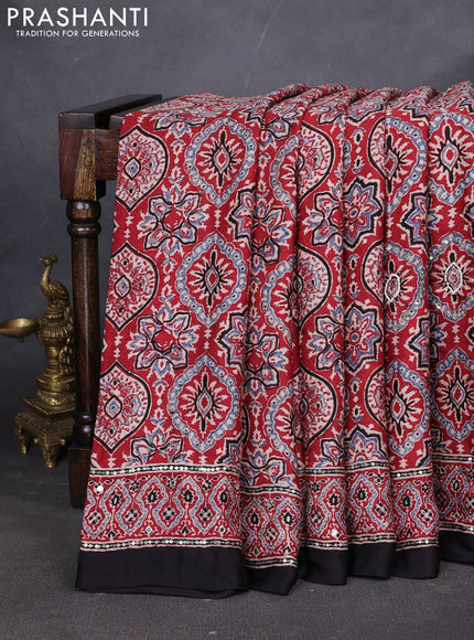 Modal silk saree maroon and black with allover ajrakh prints & sequin work and mirror sequin work pallu