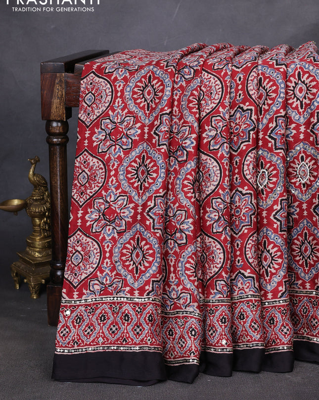 Modal silk saree maroon and black with allover ajrakh prints & sequin work and mirror sequin work pallu