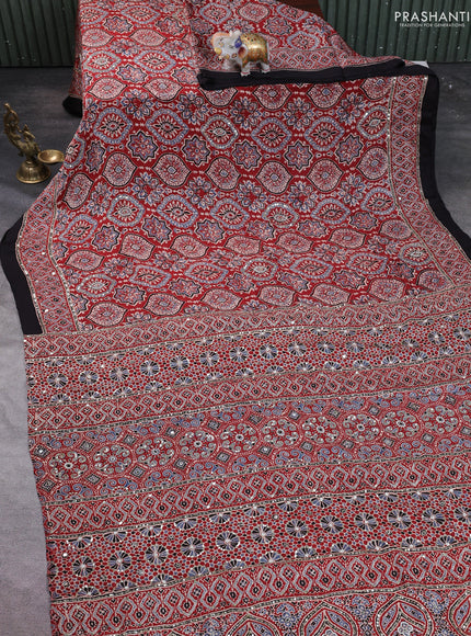Modal silk saree maroon and black with allover ajrakh prints & sequin work and mirror sequin work pallu