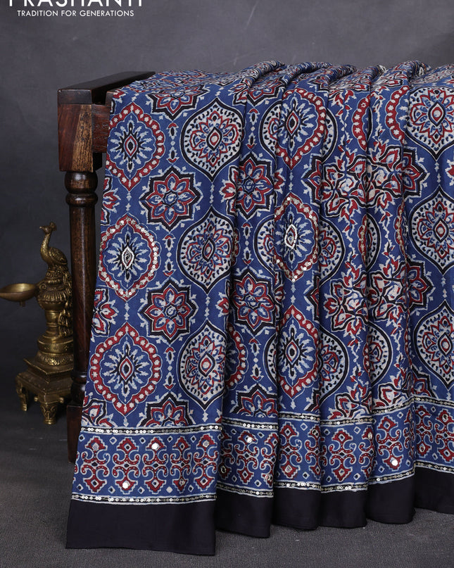 Modal silk saree indigo blue and black with allover ajrakh prints & sequin work and mirror sequin work pallu