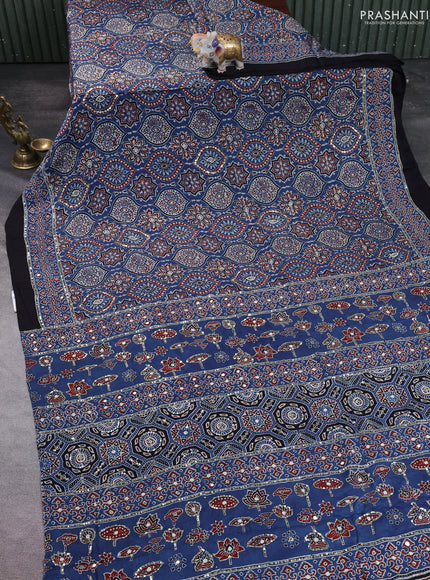 Modal silk saree indigo blue and black with allover ajrakh prints & sequin work and mirror sequin work pallu