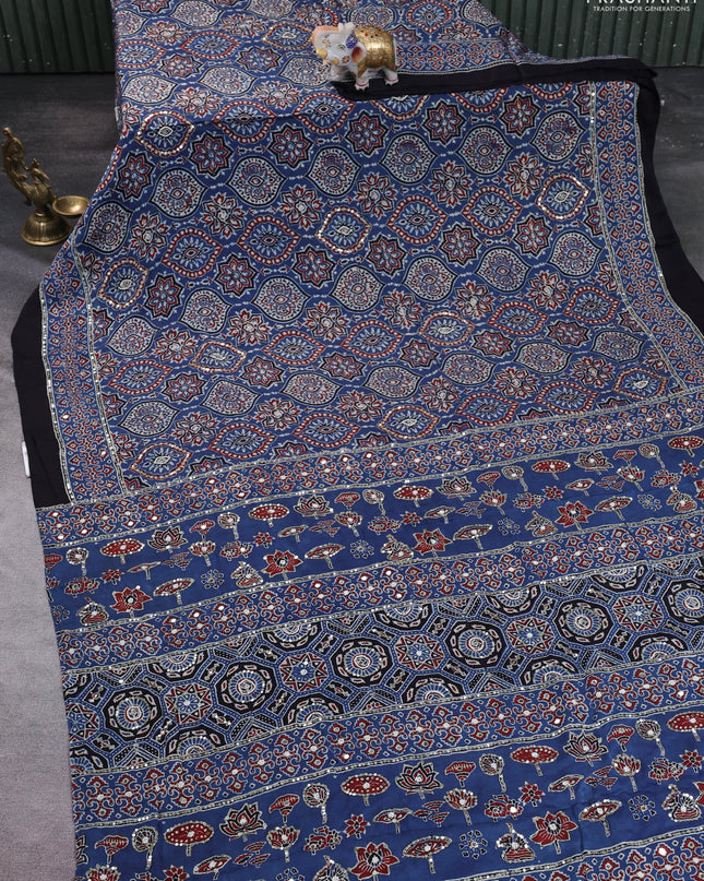 Modal silk saree indigo blue and black with allover ajrakh prints & sequin work and mirror sequin work pallu