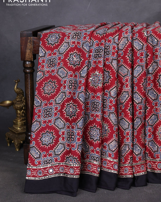 Modal silk saree maroon and black with allover ajrakh prints & sequin work and mirror sequin work pallu