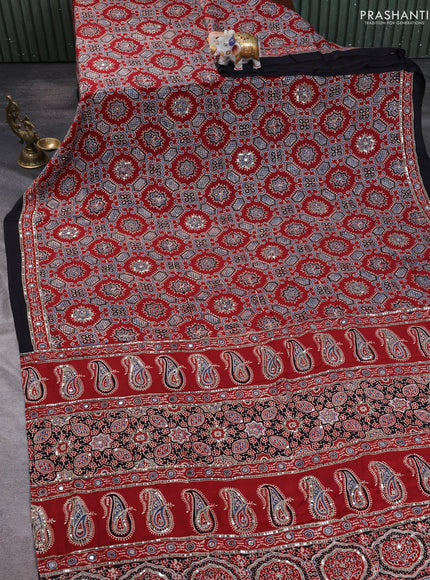Modal silk saree maroon and black with allover ajrakh prints & sequin work and mirror sequin work pallu