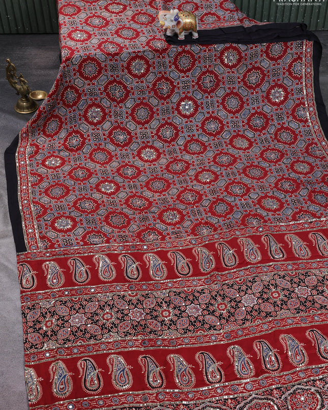 Modal silk saree maroon and black with allover ajrakh prints & sequin work and mirror sequin work pallu