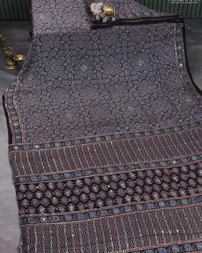 Modal silk saree black with allover ajrakh prints & sequin work and mirror sequin work pallu