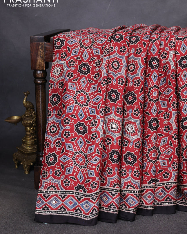 Modal silk saree maroon and black with allover ajrakh prints & sequin work and mirror sequin work pallu