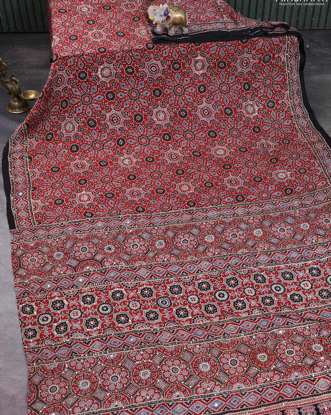 Modal silk saree maroon and black with allover ajrakh prints & sequin work and mirror sequin work pallu