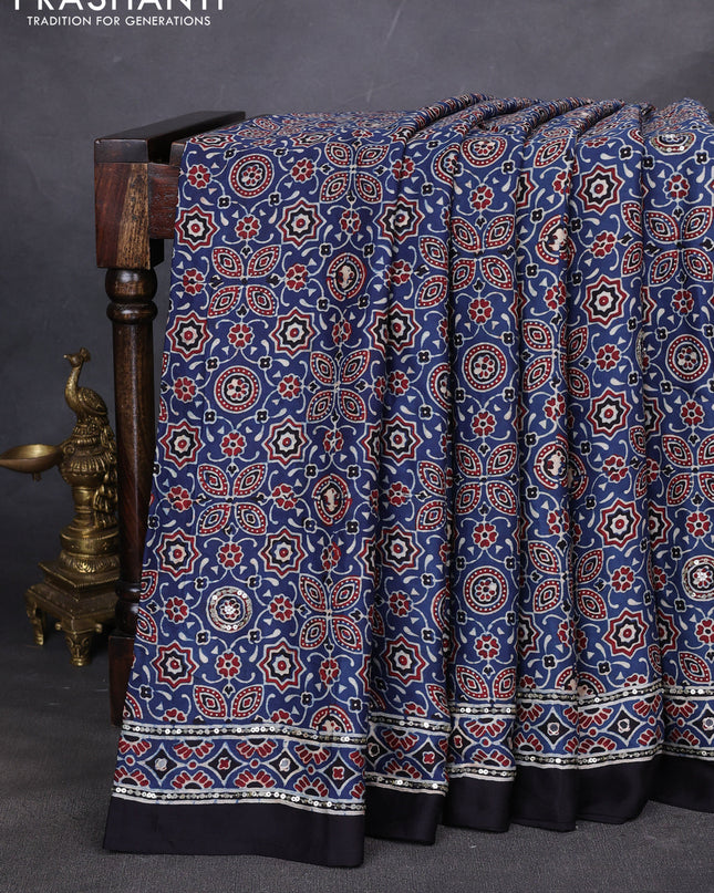 Modal silk saree indigo blue and black with allover ajrakh prints & sequin work and mirror sequin work pallu