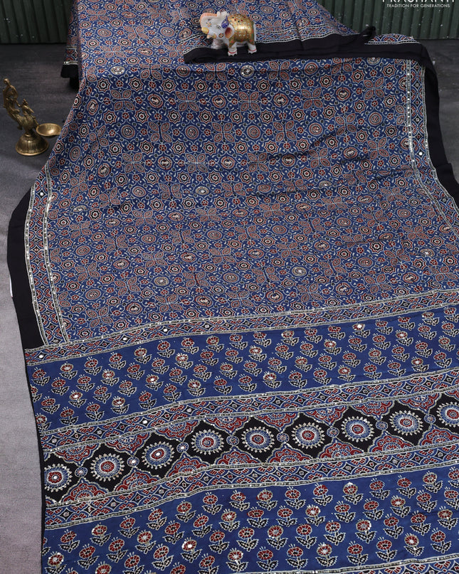 Modal silk saree indigo blue and black with allover ajrakh prints & sequin work and mirror sequin work pallu