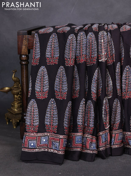 Modal silk saree black with allover ajrakh prints & sequin work and mirror sequin work pallu