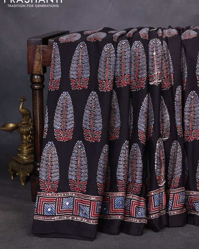 Modal silk saree black with allover ajrakh prints & sequin work and mirror sequin work pallu