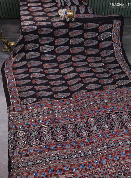Modal silk saree black with allover ajrakh prints & sequin work and mirror sequin work pallu