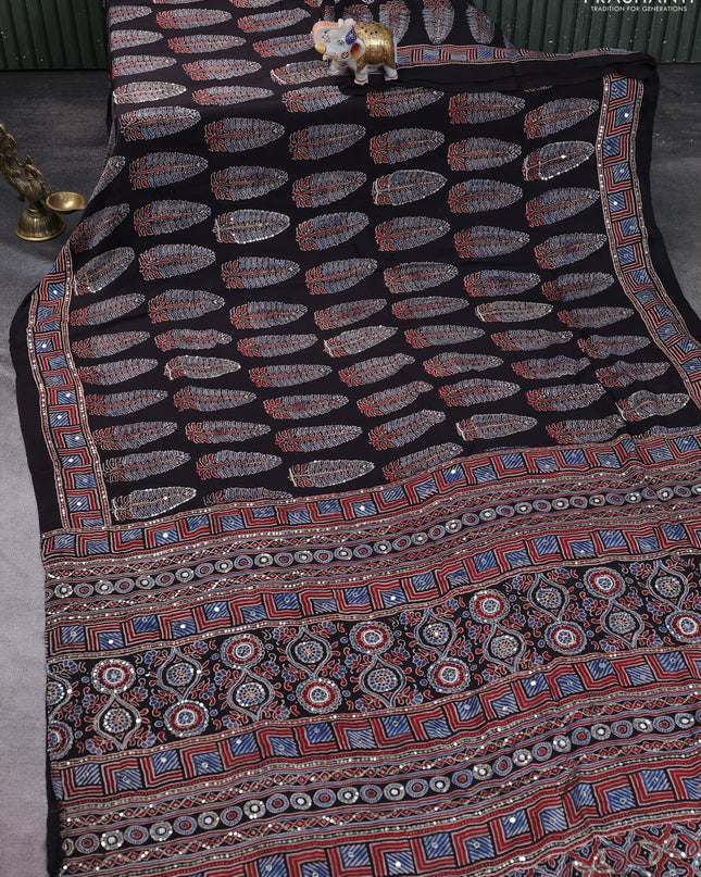 Modal silk saree black with allover ajrakh prints & sequin work and mirror sequin work pallu
