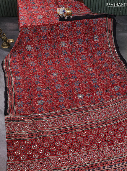 Modal silk saree maroon and black with allover ajrakh prints & sequin work and mirror sequin work pallu