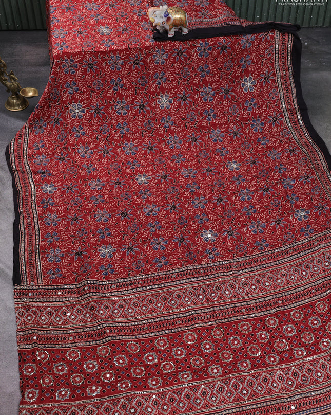 Modal silk saree maroon and black with allover ajrakh prints & sequin work and mirror sequin work pallu