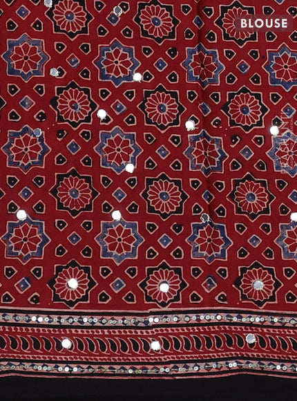 Modal silk saree maroon and black with allover ajrakh prints & sequin work and mirror sequin work pallu