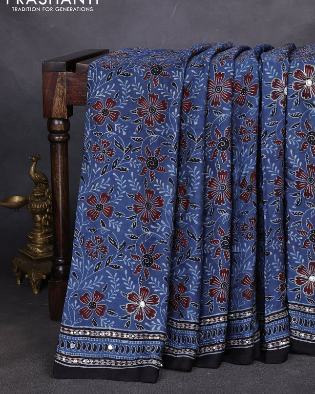 Modal silk saree indigo blue and black with allover ajrakh prints & sequin work and mirror sequin work pallu