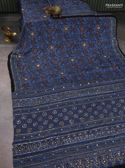 Modal silk saree indigo blue and black with allover ajrakh prints & sequin work and mirror sequin work pallu