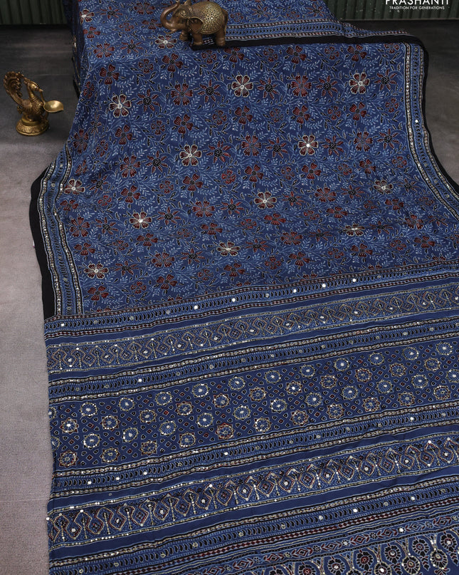 Modal silk saree indigo blue and black with allover ajrakh prints & sequin work and mirror sequin work pallu