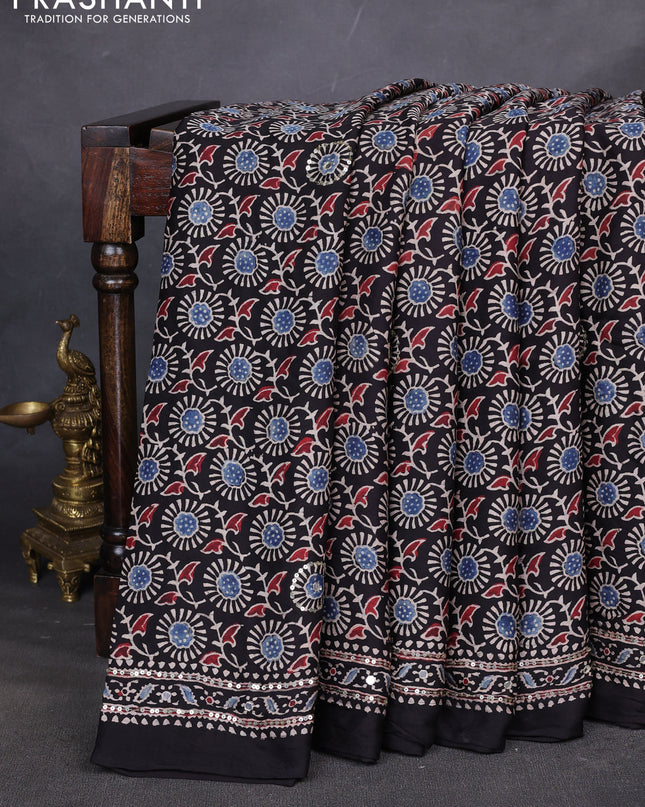 Modal silk saree black with allover ajrakh prints & sequin work and mirror sequin work pallu